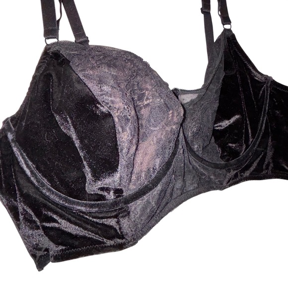 Black Velvet Lace Balconette Bra Full Cup‎ Underwire Elegant Lingerie 38DD - Picture 3 of 4